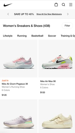 screenshot of mobile view on nike.com